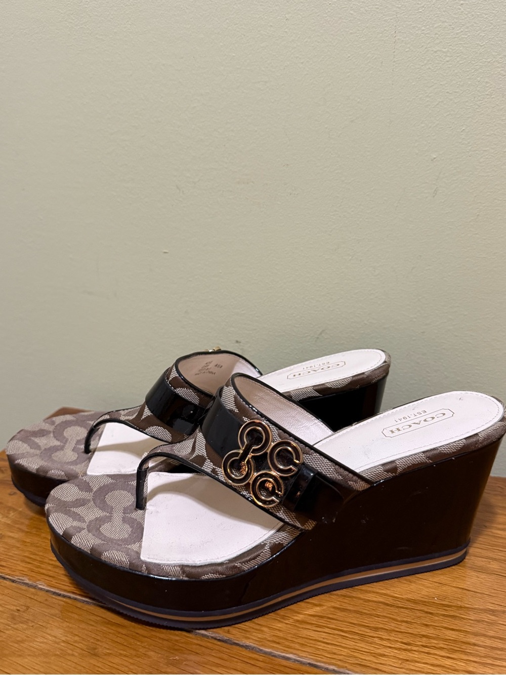 Coach Brown Signature Wedge Sandals with Black Patent Strap